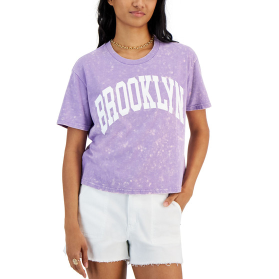 Juniors' Brooklyn Mineral-Wash Cropped Graphic T-Shirt