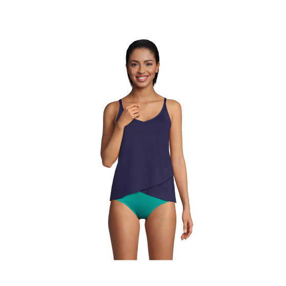 Women's Long Torso Chlorine Resistant V-Neck Tulip Hem Tankini Swimsuit Top with Adjustable Straps