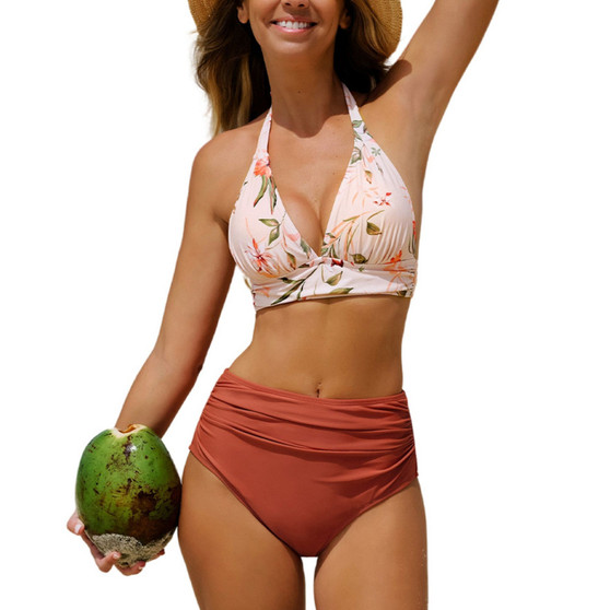 Women's Spring Breath Garden Halter Tall Tri & High Waist Bikini Set