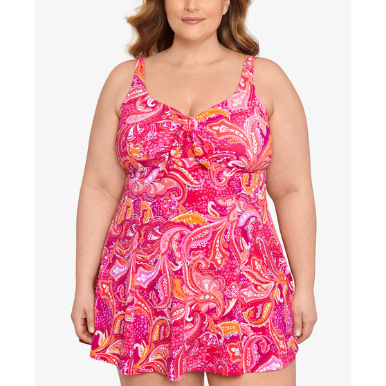 Plus Size Printed Tummy-Control Bow-Front Swimdress, Created for Macy's