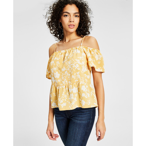 Juniors' Elasticized Short-Sleeve Cold-Shoulder Top