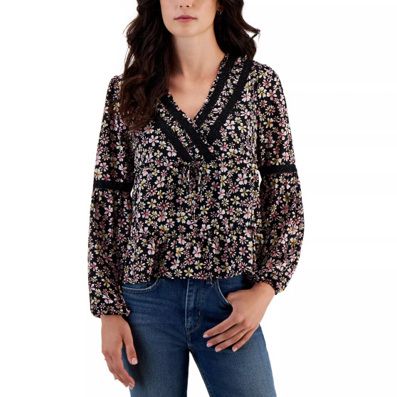 Juniors' Crochet-Trimmed Surplice Tiered Top