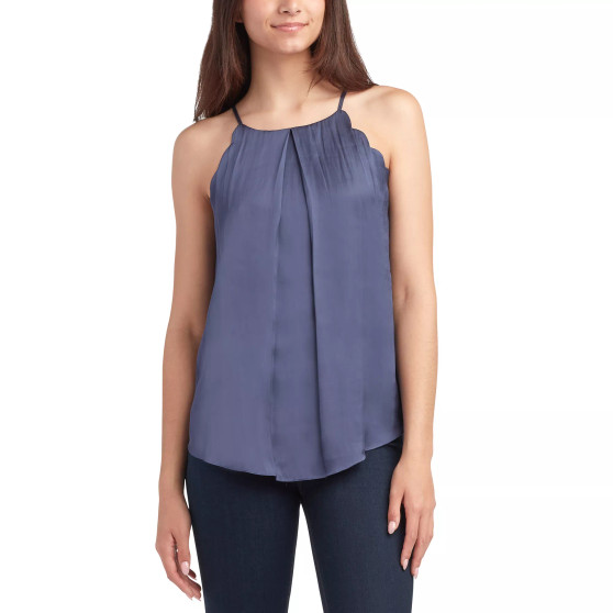 Juniors' High-Neck Scallop-Edge Sleeveless Satin Top