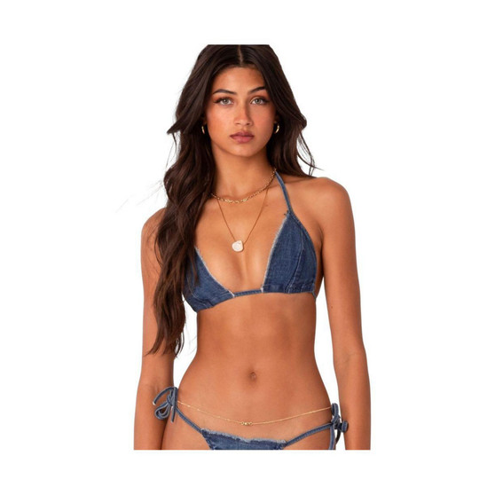 Women's Denim Bikini With Distressed Neckline Top