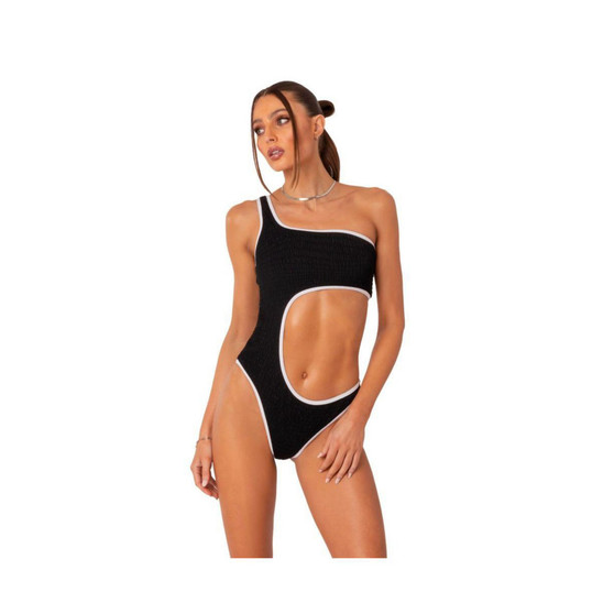 Women's Contrast Binding One Shoulder Cutout One Piece Swimsuit