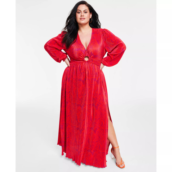 Trendy Plus Size Keyhole Printed Pleated Jersey Maxi Dress