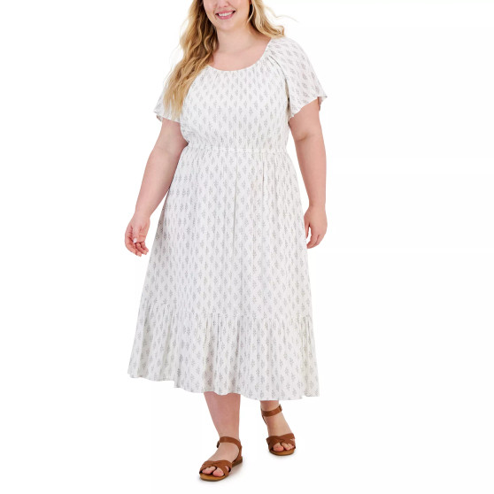 Plus Size Printed On-Off Ruffle Hem Dress, Created for Macy's
