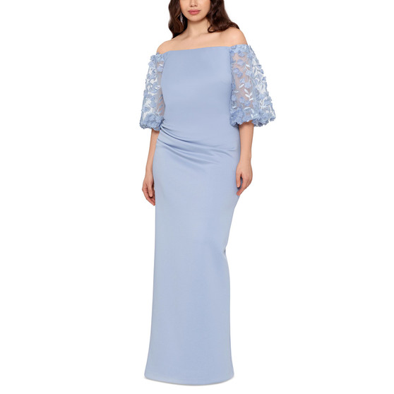 Plus Size Off-The-Shoulder Floral-Appliqué-Sleeve Scuba-Crepe Gown