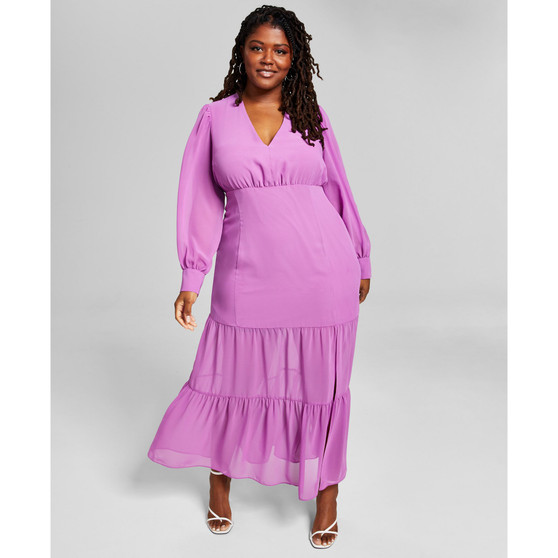 Plus Size Tiered Long-Sleeve Chiffon Maxi Dress, Created for Macy's