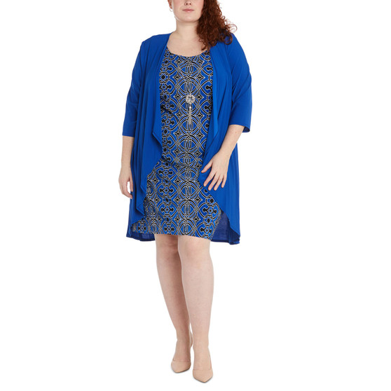 Plus Size Draped-Front Jacket & Printed Mini-Pleated Dress