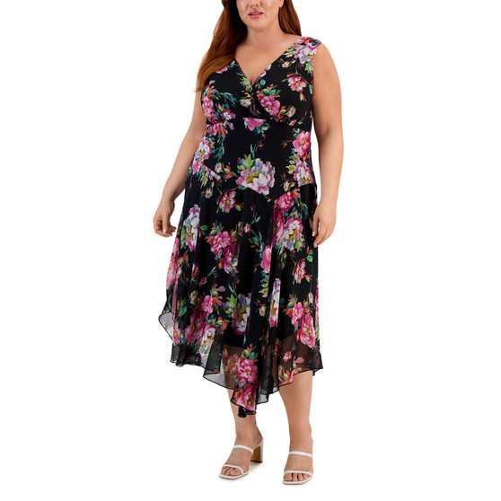 Plus Size Floral-Print Surplice Midi Dress