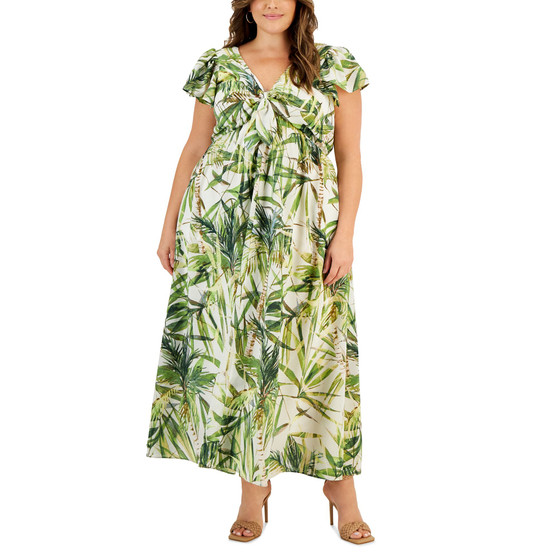 Plus Size Tropical-Print Short-Sleeve Maxi Dress