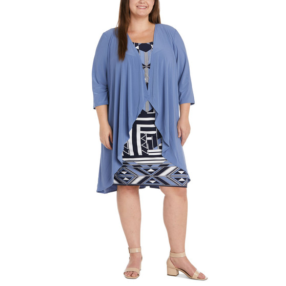 Plus Size 3/4-Sleeve Cascade-Collar Jacket and Printed Sleeveless Dress
