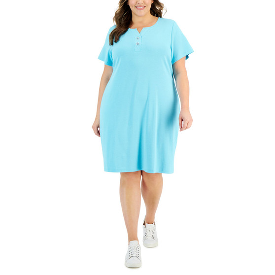 Plus Size Toggle-Neck Short-Sleeve Henley Dress, Created for Macy's