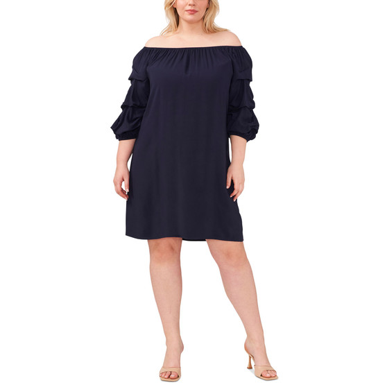 Plus Size Off-Shoulder Bubble-Sleeve Shift Dress