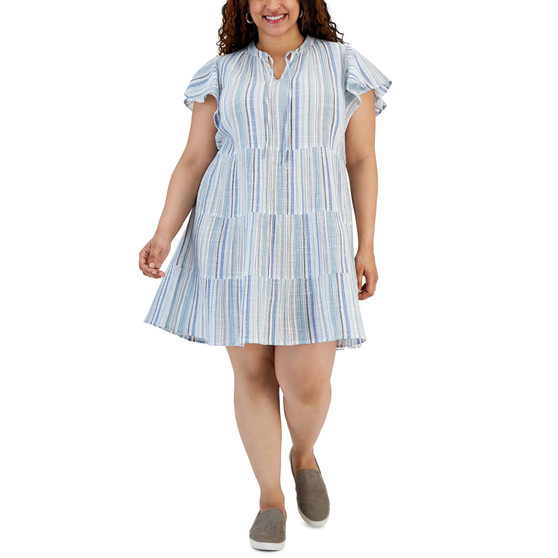 Plus Size Printed Cotton Tiered Shirt Dress, Created for Macy's