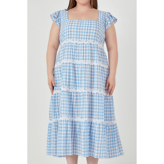 Women's Floral Lace Gingham Printed Plus size Midi Dress