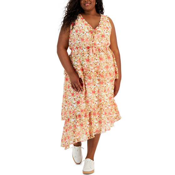 Plus Size Floral-Print Tiered Midi Dress