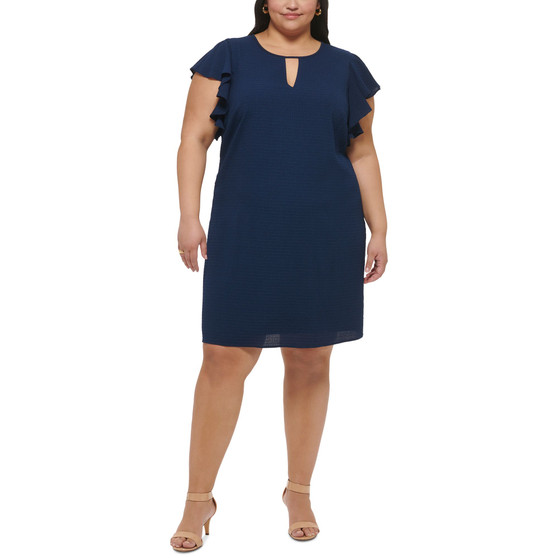 Plus Size Seersucker Keyhole A-Line Dress