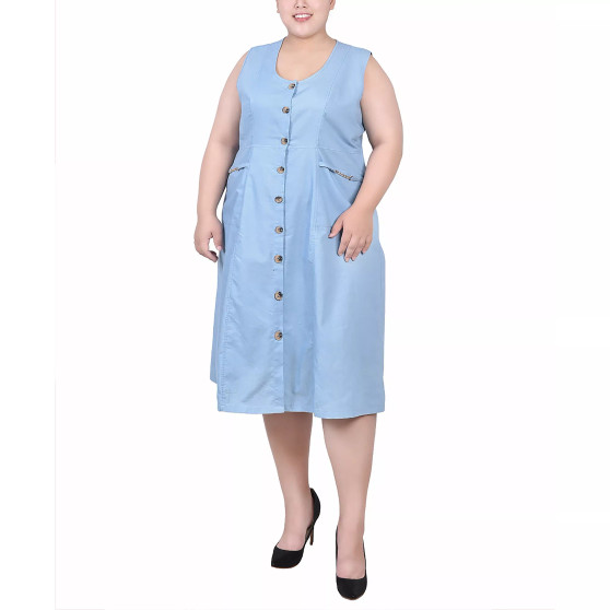 Plus Size Sleeveless Chambray Dress with Hardware