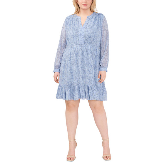 Plus Size Printed Long-Sleeve Fit & Flare Dress