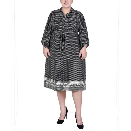 Plus Size 3/4 Roll Tab Sleeve Belted Shirtdress