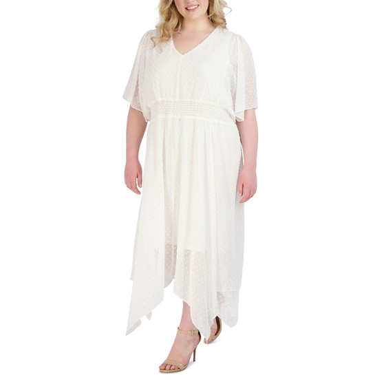Plus Size Clip-Dot Smocked-Waist Flutter-Sleeve Dress