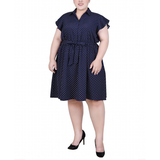 Plus Size Flutter Sleeve Belted Dress