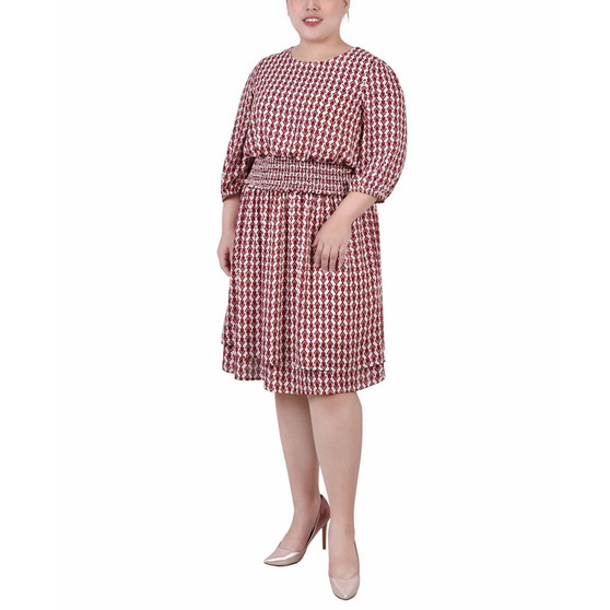 Plus Size 3/4 Sleeve Dobby Smocked Waist Dress