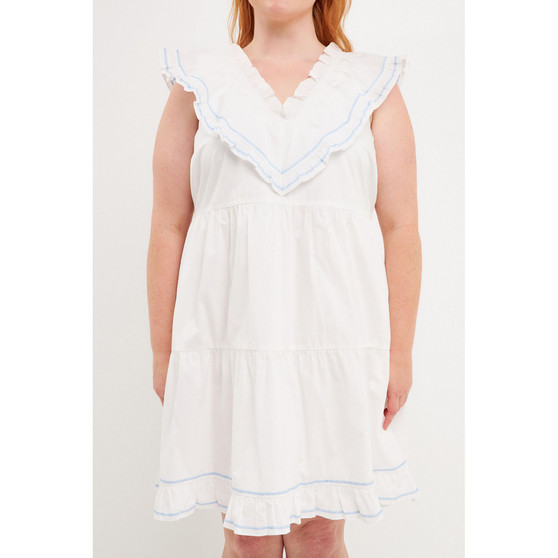 Women's Plus size Contrast Embroidery Ruffled Mini Dress