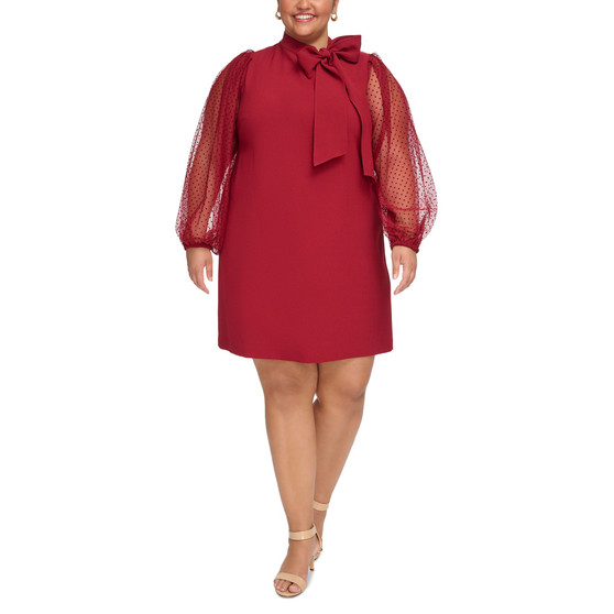 Plus Size Long-Sleeve Bow-Neck Dress