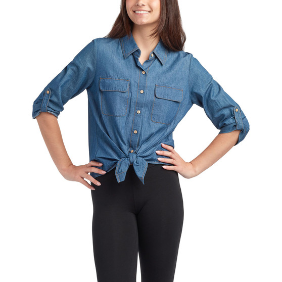 Juniors' Cotton Tie-Hem 3/4-Sleeve Denim Shirt