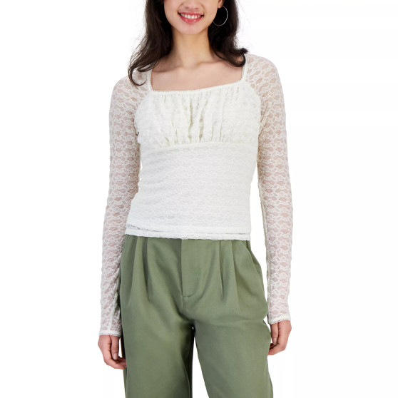 Juniors' Lace Square-Neck Sheer-Sleeve Top