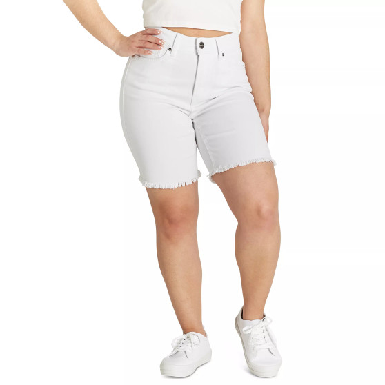 Juniors' High Rise Frayed Hem Bermuda Shorts