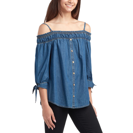 Juniors' Cotton Off-The-Shoulder 3/4-Sleeve Denim Top