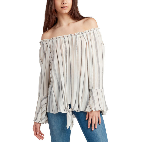 Juniors' Striped Off-The-Shoulder Long-Sleeve Top