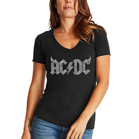 Women's V-neck Word Art ACDC Song Titles T-shirt
