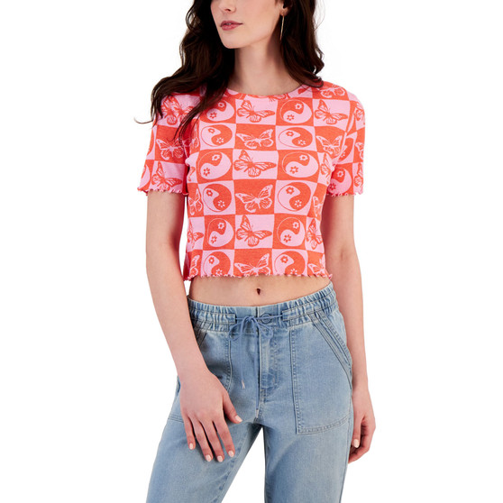 Juniors' Checkered Lettuce-Edge Cropped Top