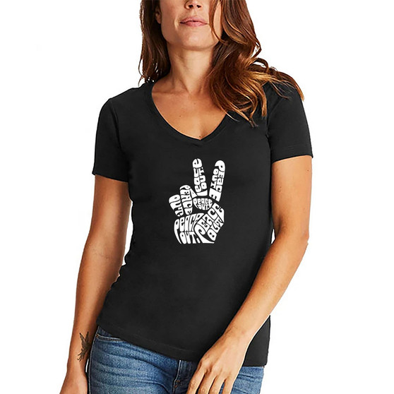 Women's V-neck Word Art Peace Out T-shirt