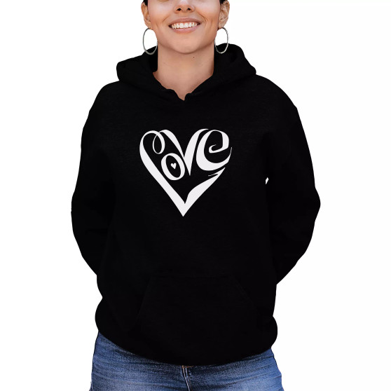 Women's Hooded Word Art Script Love Heart Sweatshirt Top