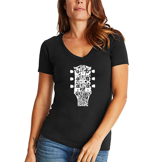 Women's V-neck Word Art Guitar Head Music Genres T-shirt