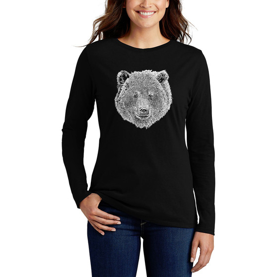 Women's Long Sleeve Word Art Bear Face T-shirt