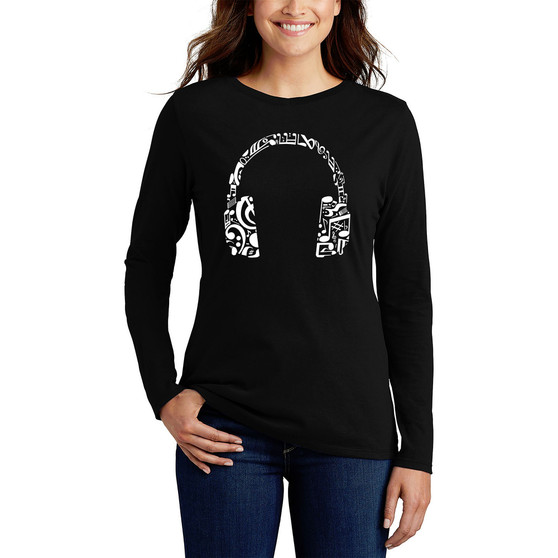 Women's Long Sleeve Word Art Music Note Headphones T-shirt