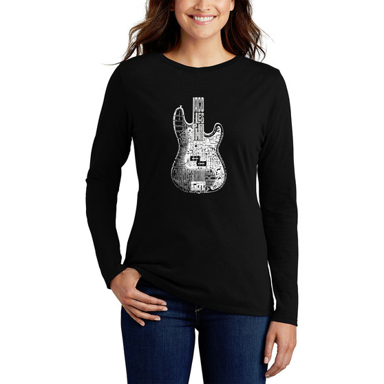 Women's Long Sleeve Word Art Bass Guitar T-shirt