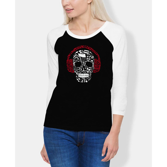 Women's Raglan Music Notes Skull Word Art T-shirt