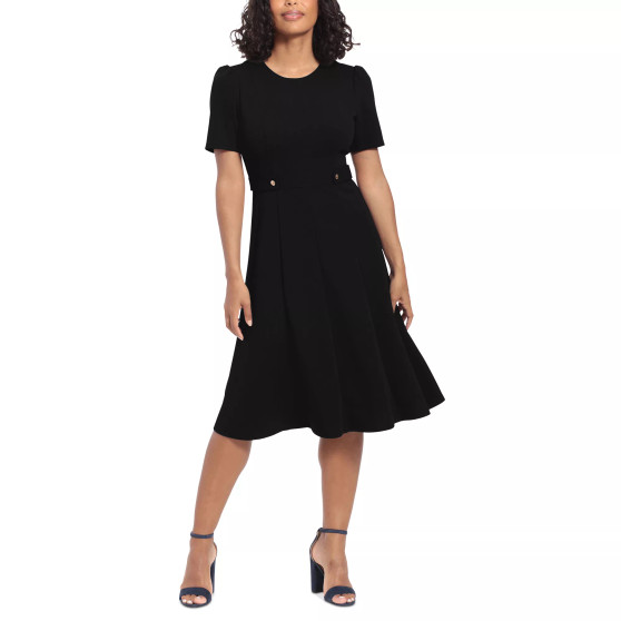 Women's Puff-Sleeve Tab-Detail Fit & Flare Dress