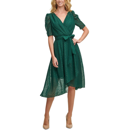 Petite Glitter-Dot Puff-Sleeve Midi Dress