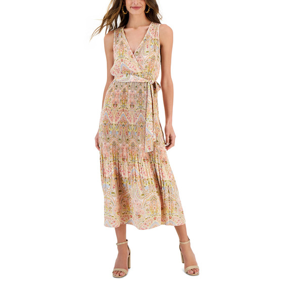Women's Pleated Belted Faux-Wrap Maxi Dress