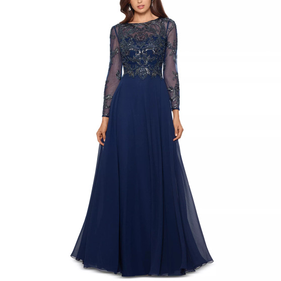 Women's Sequin Embellished Long Sleeve Chiffon Gown