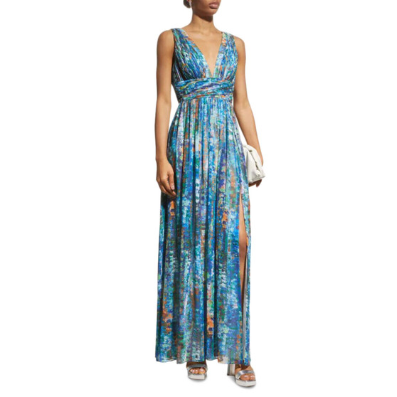 Women's Printed Ruched V-Neck Gown